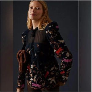 Anthropologie Maeve Black Floral Puff Sleeve Blouse